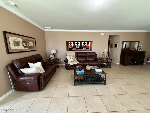 living room with crown molding, light tile patterned floors, baseboards, and visible vents