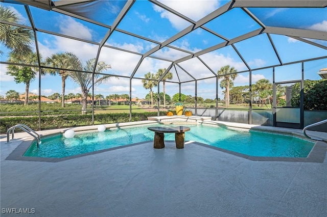 pool with a lanai and a patio