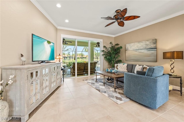 living room featuring ornamental molding, a ceiling fan, recessed lighting, and light tile patterned floors