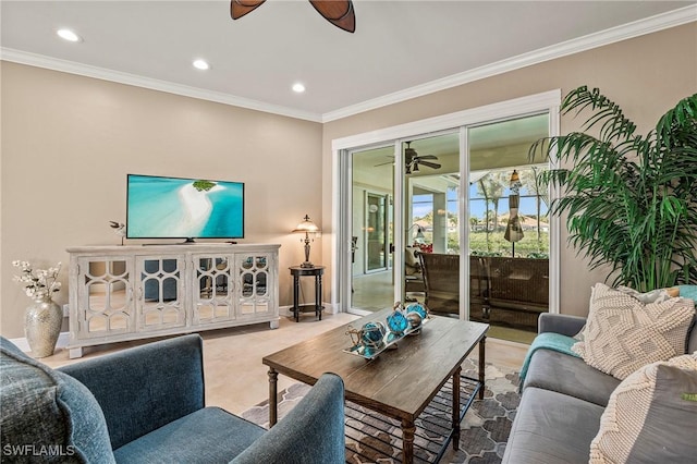 living area with ceiling fan, ornamental molding, and recessed lighting