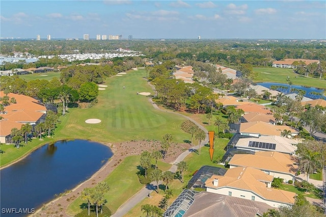 bird's eye view with a water view and golf course view