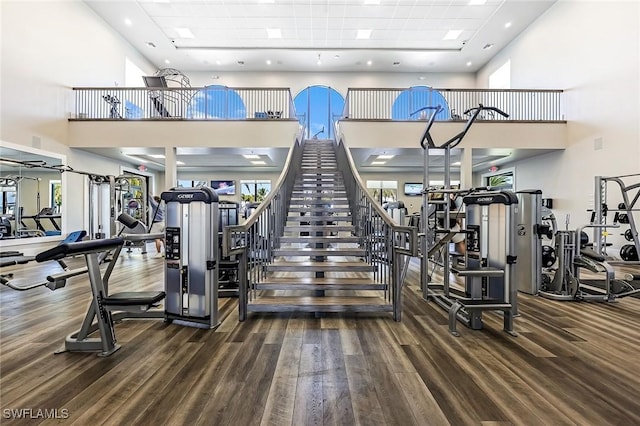 exercise room featuring a high ceiling and wood finished floors