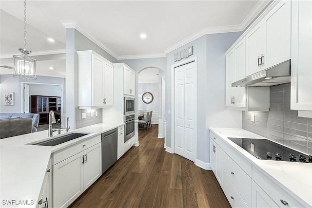 kitchen featuring a sink, dark wood-type flooring, white cabinets, appliances with stainless steel finishes, and under cabinet range hood