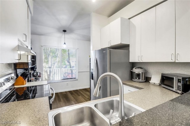 kitchen featuring stainless steel appliances, tasteful backsplash, white cabinetry, a sink, and under cabinet range hood