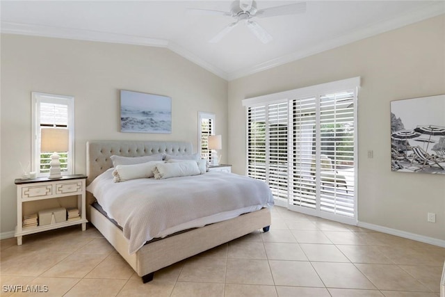 bedroom featuring light tile patterned floors, baseboards, lofted ceiling, access to exterior, and crown molding