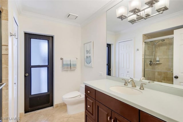 bathroom featuring toilet, a shower stall, crown molding, and tile patterned floors