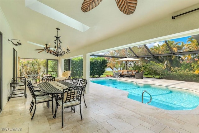 pool with glass enclosure, outdoor lounge area, a ceiling fan, outdoor dining space, and a patio area