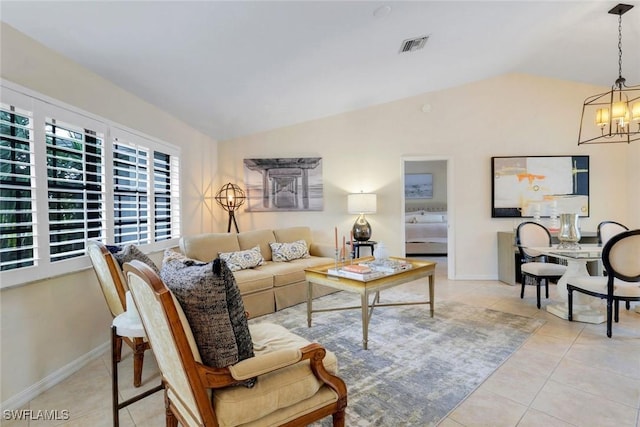 living room featuring baseboards, visible vents, tile patterned flooring, vaulted ceiling, and a notable chandelier