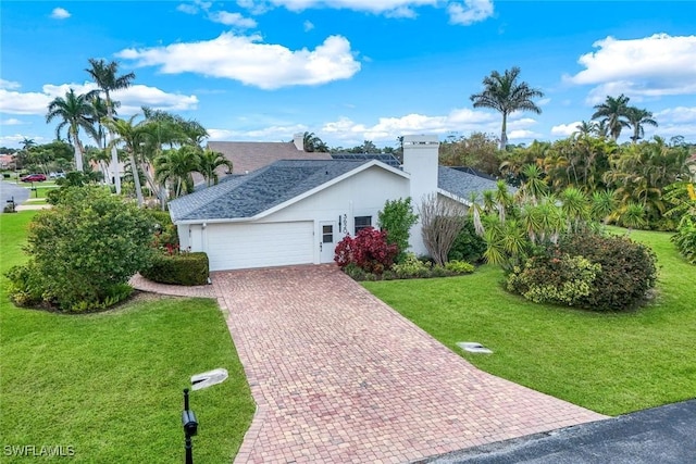 single story home with a garage, a shingled roof, decorative driveway, a front lawn, and a chimney