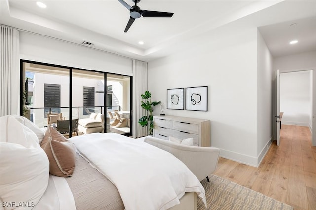 bedroom with recessed lighting, visible vents, light wood-style floors, access to outside, and baseboards