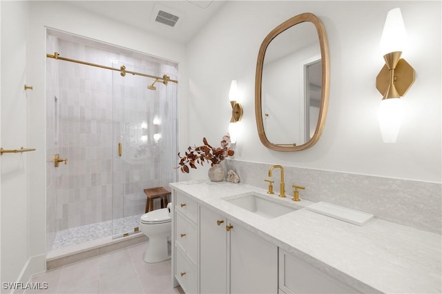 full bath with visible vents, toilet, a stall shower, vanity, and tile patterned floors