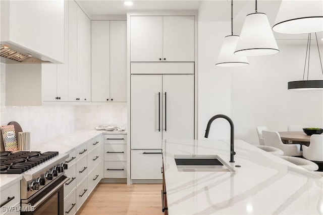 kitchen with white cabinetry, a sink, light wood finished floors, and high quality appliances