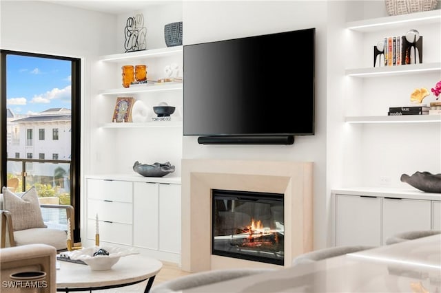 living area featuring a glass covered fireplace, built in features, and a healthy amount of sunlight