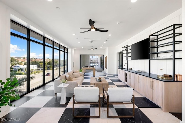 dining space featuring a ceiling fan and recessed lighting