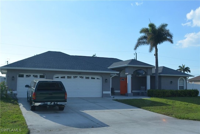 ranch-style home with a garage, concrete driveway, and stucco siding