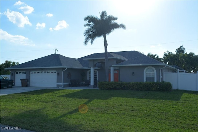 single story home featuring stucco siding, fence, a garage, driveway, and a front lawn