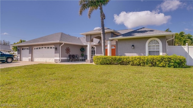 view of front facade featuring stucco siding, fence, concrete driveway, an attached garage, and a front yard