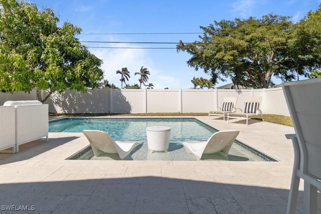 view of pool featuring a patio area, a fenced backyard, and a fenced in pool