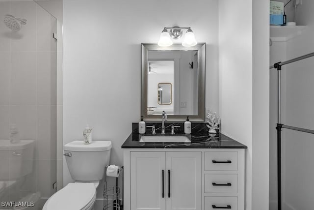 bathroom with vanity, a shower stall, and toilet