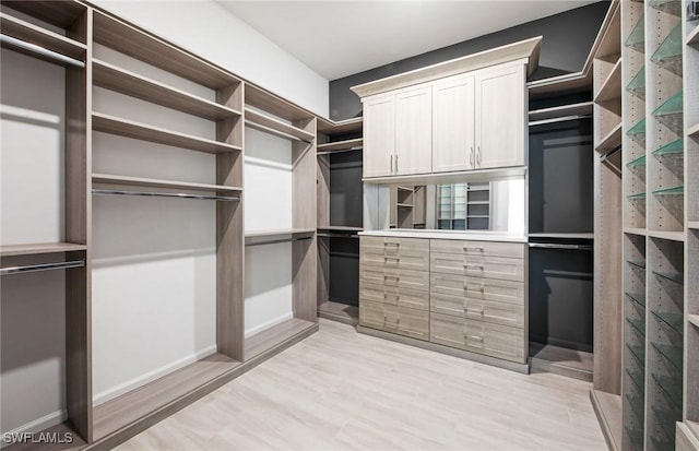 walk in closet with light wood-style flooring