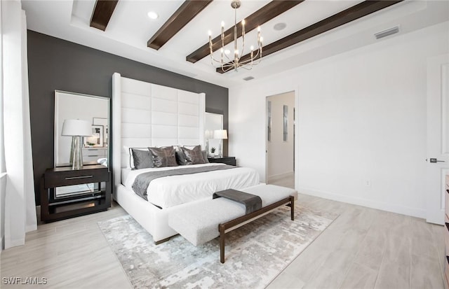 bedroom featuring baseboards, visible vents, light wood-style flooring, and beam ceiling