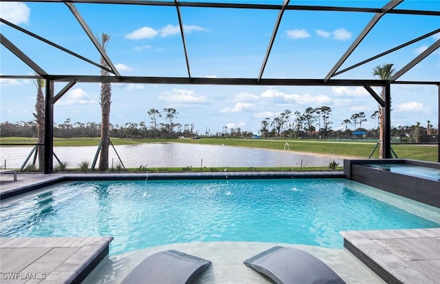 pool featuring a water view, an in ground hot tub, a lanai, and a patio