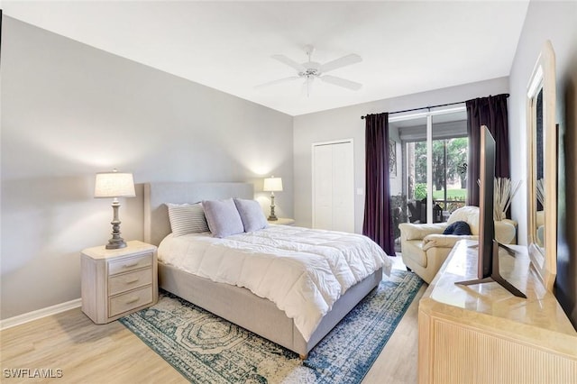 bedroom with light wood-style floors, baseboards, access to exterior, and a ceiling fan