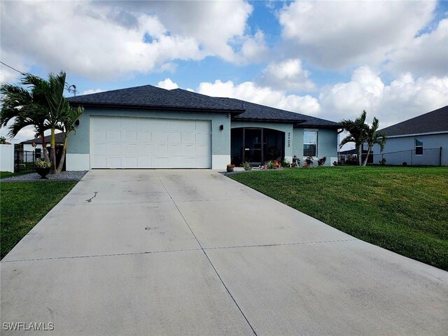 single story home featuring stucco siding, concrete driveway, an attached garage, fence, and a front lawn