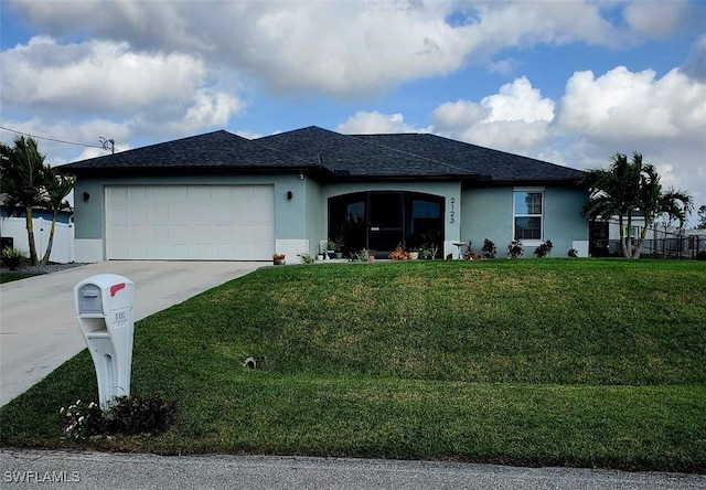 single story home featuring concrete driveway, a front lawn, and stucco siding