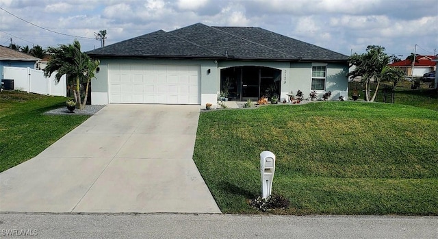 ranch-style house with driveway, a garage, fence, a front yard, and stucco siding