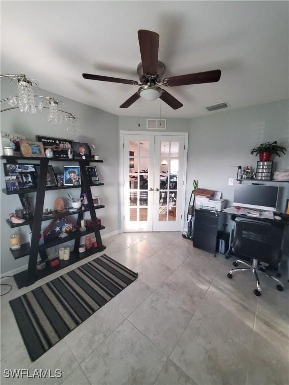 home office with a ceiling fan, tile patterned flooring, french doors, and visible vents