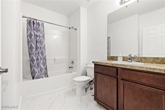 bathroom featuring marble finish floor, vanity, toilet, and shower / tub combo with curtain