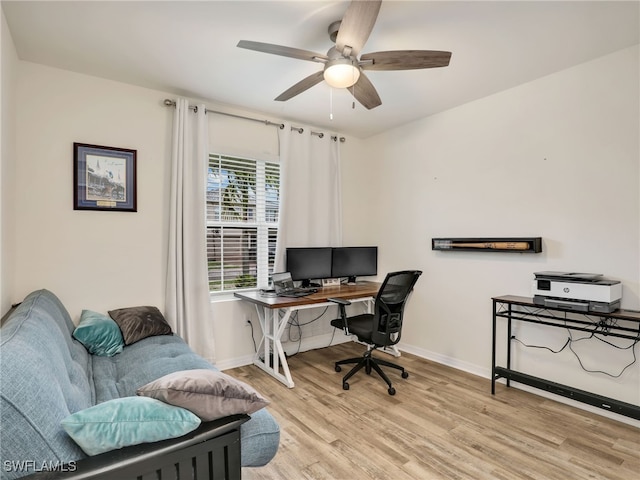 office with ceiling fan, wood finished floors, and baseboards