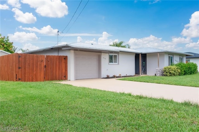 ranch-style house featuring a garage, concrete driveway, a gate, a front yard, and stucco siding