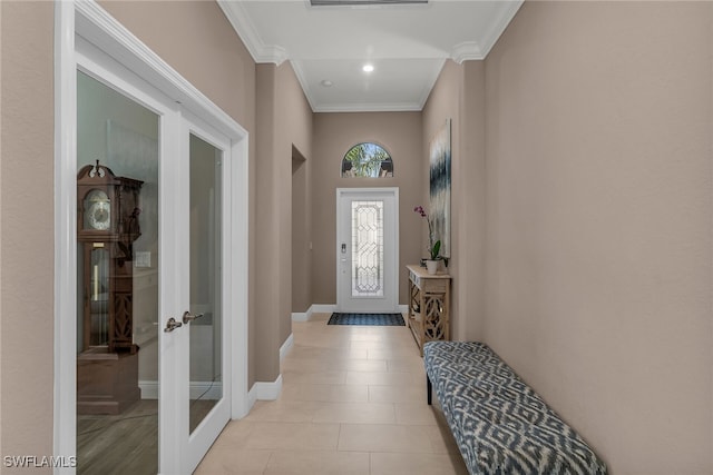 doorway featuring baseboards, french doors, recessed lighting, and crown molding