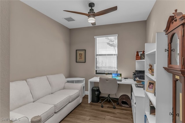 home office with visible vents, ceiling fan, and wood finished floors