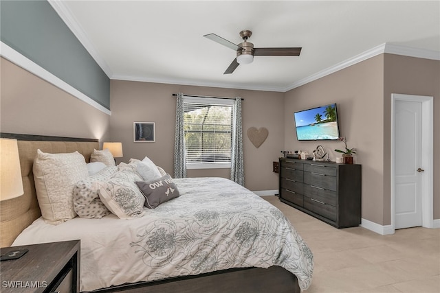 bedroom with baseboards, ornamental molding, and a ceiling fan