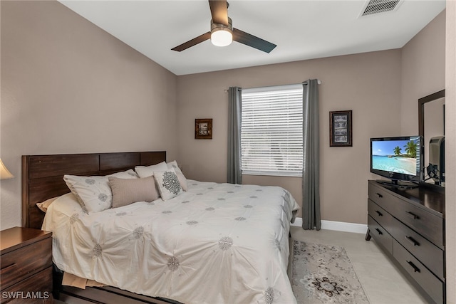 bedroom with baseboards, visible vents, and a ceiling fan