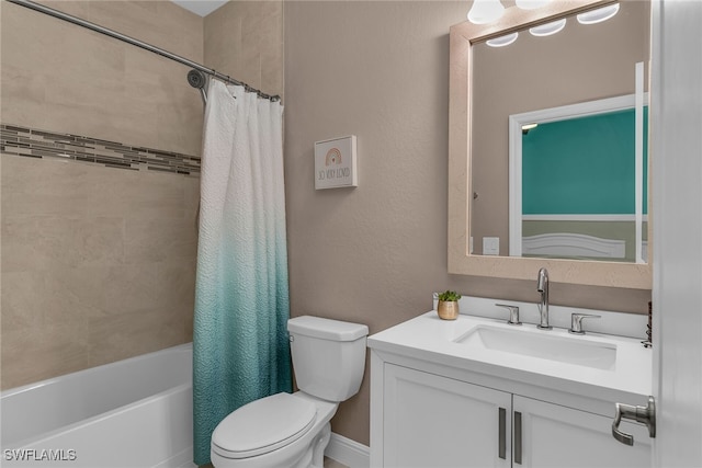 bathroom with toilet, shower / bathtub combination with curtain, and vanity