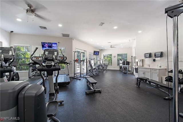 gym with ceiling fan, recessed lighting, visible vents, and baseboards