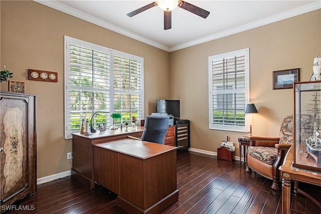 office area with baseboards, dark wood finished floors, a ceiling fan, and crown molding