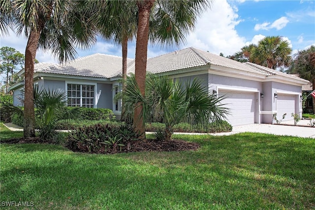 view of property exterior with concrete driveway, a lawn, an attached garage, and stucco siding