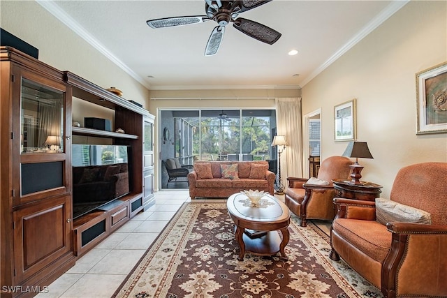 living room featuring light tile patterned floors, ornamental molding, and a ceiling fan