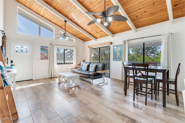 dining area featuring beamed ceiling, wood finished floors, wood ceiling, and a ceiling fan