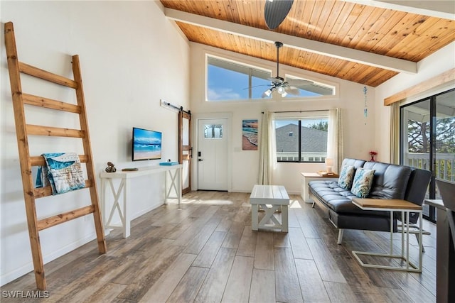 living room with beam ceiling, a barn door, wood ceiling, ceiling fan, and wood finished floors