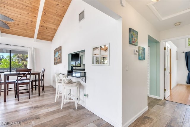 dining area with wood ceiling, visible vents, baseboards, and wood finished floors