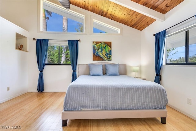 bedroom with vaulted ceiling with beams, wooden ceiling, baseboards, and wood finished floors