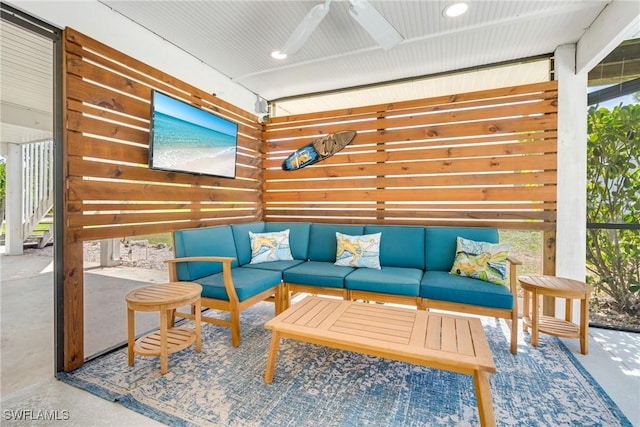 view of patio / terrace featuring ceiling fan and an outdoor hangout area