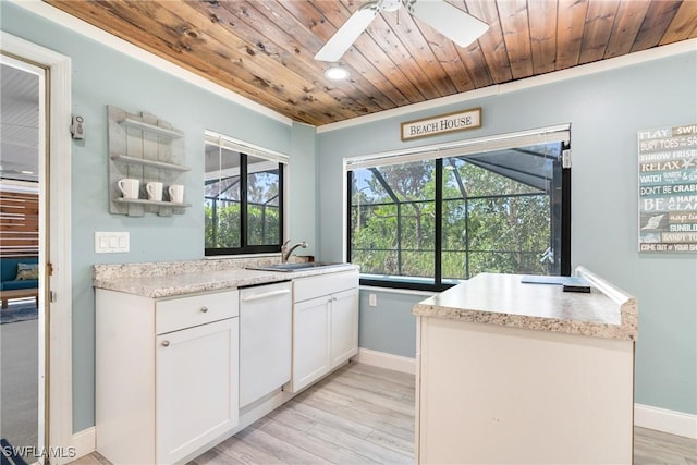 kitchen featuring white cabinets, dishwasher, wooden ceiling, light wood-type flooring, and a sink