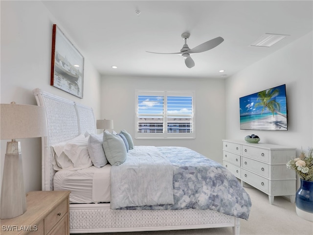 bedroom with ceiling fan, visible vents, and recessed lighting